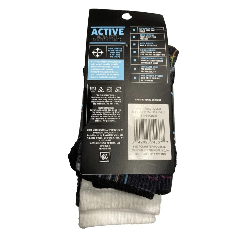 russell boys performance active crew socks 3 pairs size‎ small shoe 4.5 - 8.5